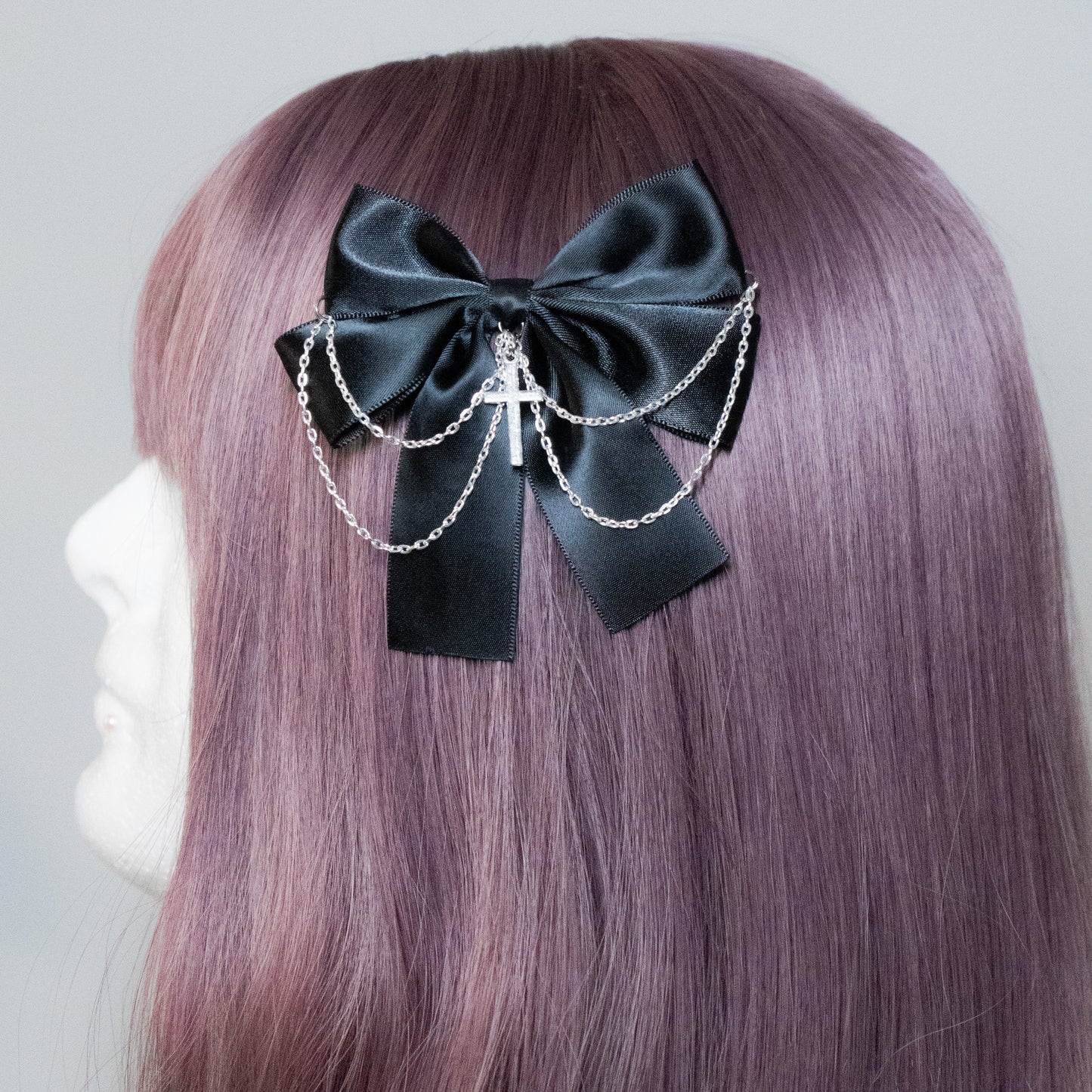 Black ribbon hair pin with cross (jirai-kei, alt fashion, goth) HANDMADE