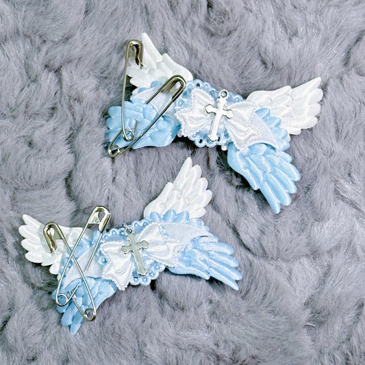 Angel wings hair clips with safety pins and cross (tenshi kaiwai, kawaii, alt fashion)