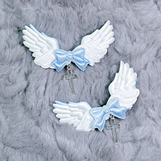 Angel wings hair clips with cross and pearl HANDMADE (tenshi kaiwai, kawaii, alt fashion)