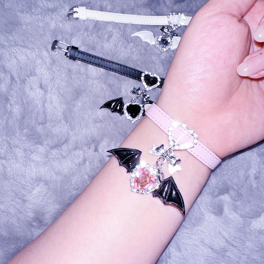 Rhinestone with devil wings leather bracelet (Jirai-kei, alt fashion, harajuku)